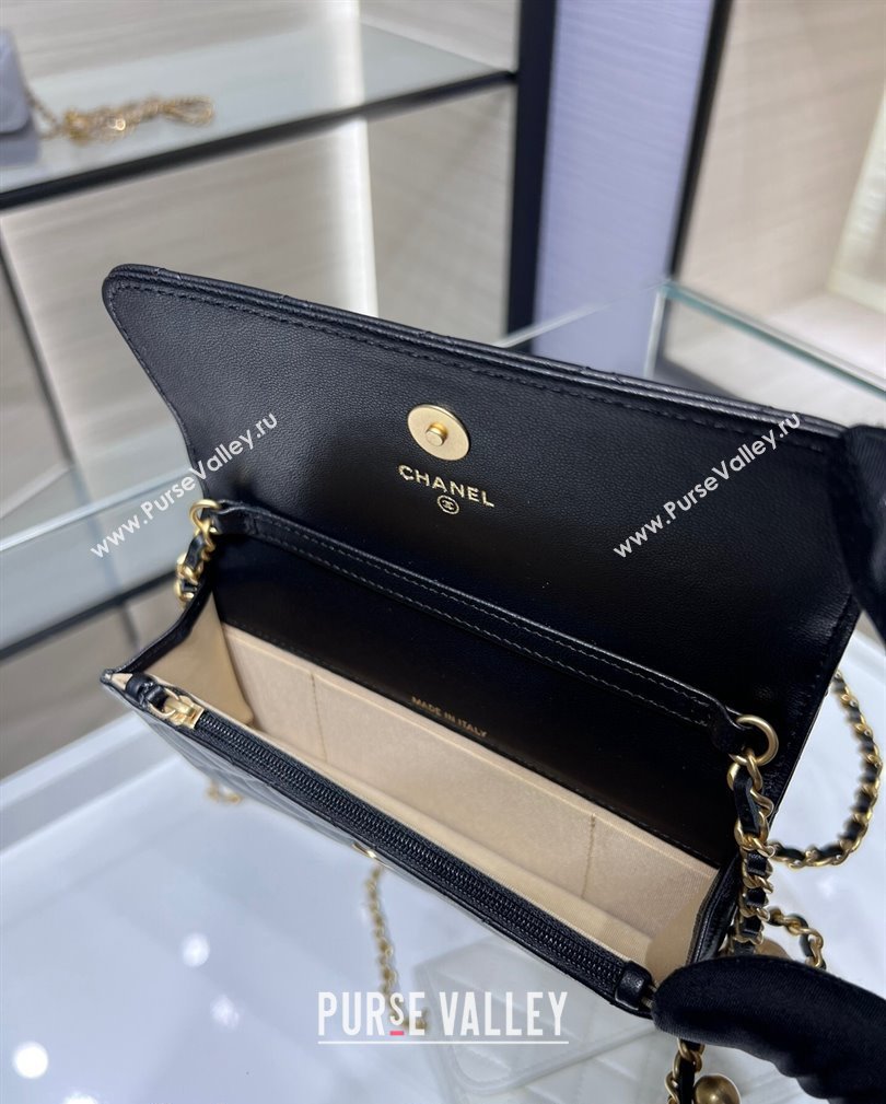 Chanel Lambskin Phone Holder with Chain and Gold-Tone Ball AP3071 Black 2024 (yezi-241107073)