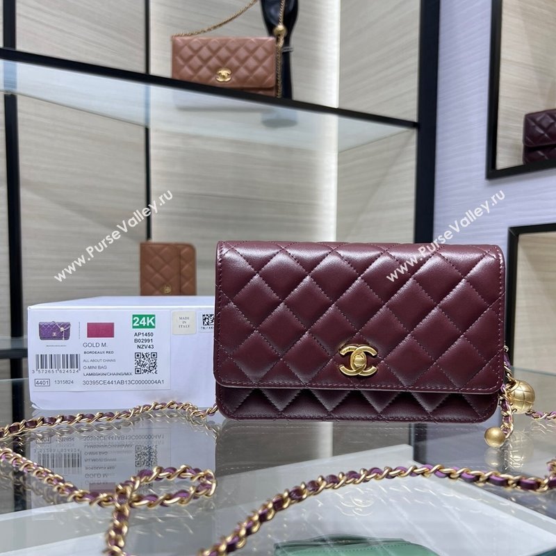 Chanel Lambskin Wallet on Chain WOC with Gold-Tone Ball AP1450 Dark Burgundy 2024 (yezi-241107075)