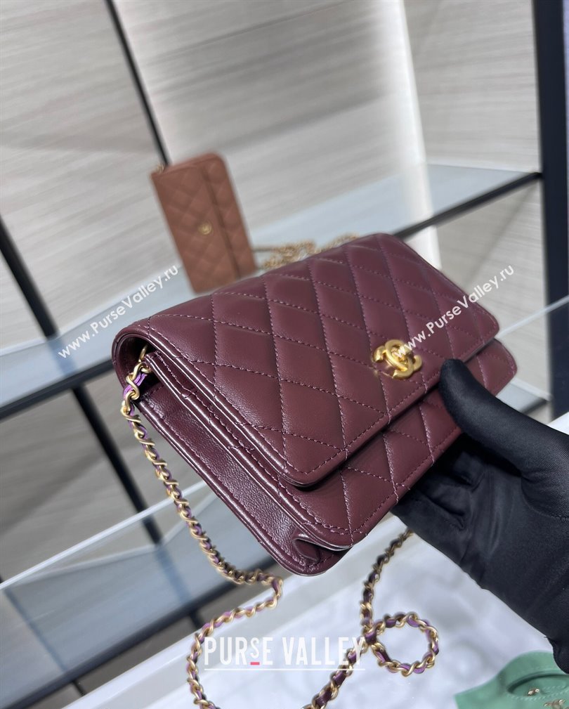 Chanel Lambskin Wallet on Chain WOC with Gold-Tone Ball AP1450 Dark Burgundy 2024 (yezi-241107075)