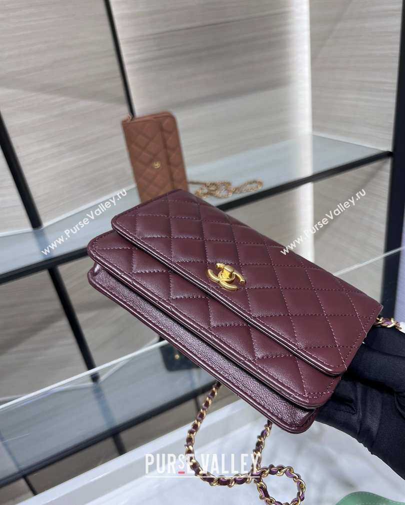 Chanel Lambskin Wallet on Chain WOC with Gold-Tone Ball AP1450 Dark Burgundy 2024 (yezi-241107075)