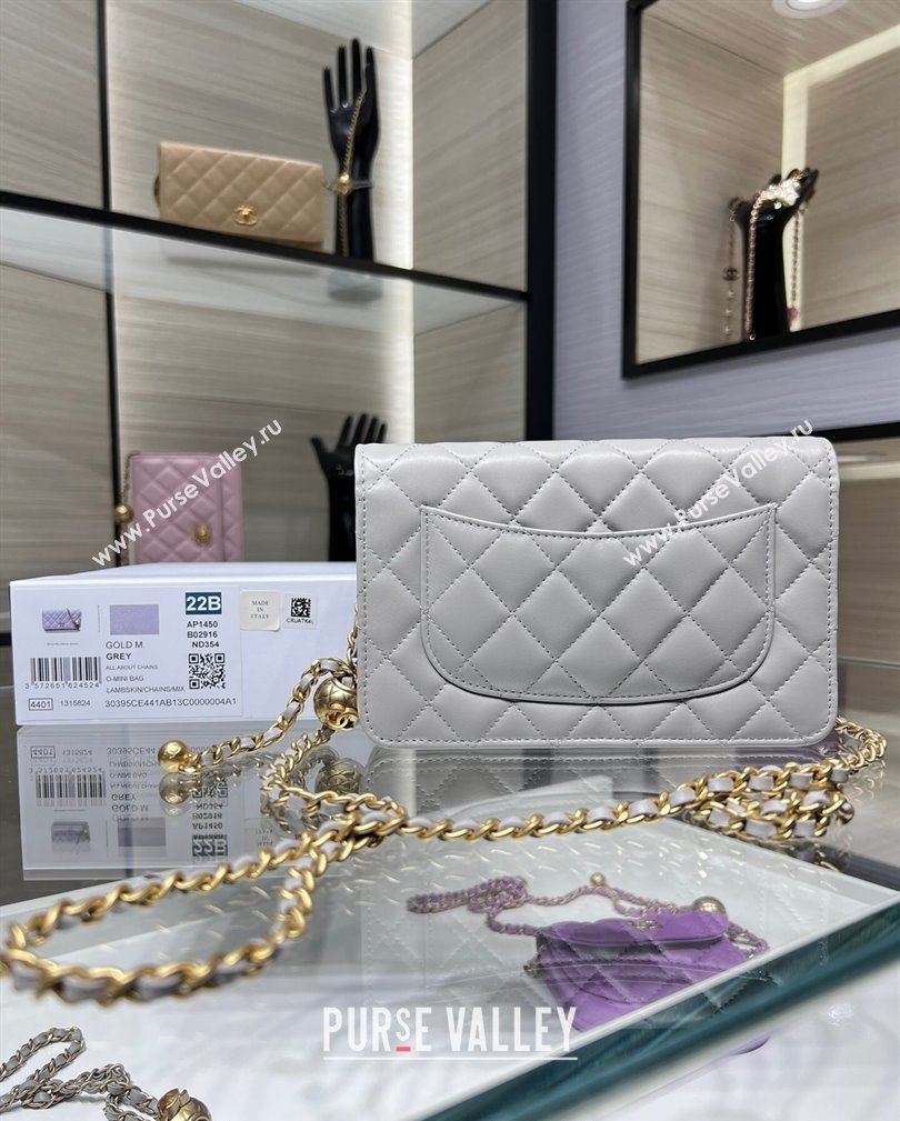 Chanel Lambskin Wallet on Chain WOC with Gold-Tone Ball AP1450 Light Grey 2024 (yezi-241107078)