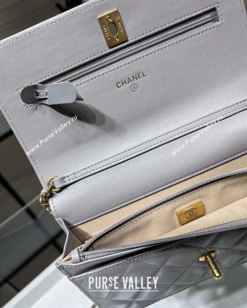 Chanel Lambskin Wallet on Chain WOC with Gold-Tone Ball AP1450 Light Grey 2024 (yezi-241107078)