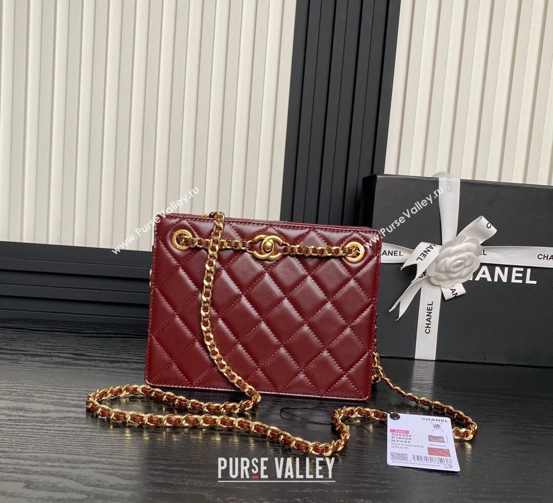 Chanel Shiny Lambskin Small Shopping Bag with CC Stud Chain Burgundy 2024 AS5204 (yezi-241107117)