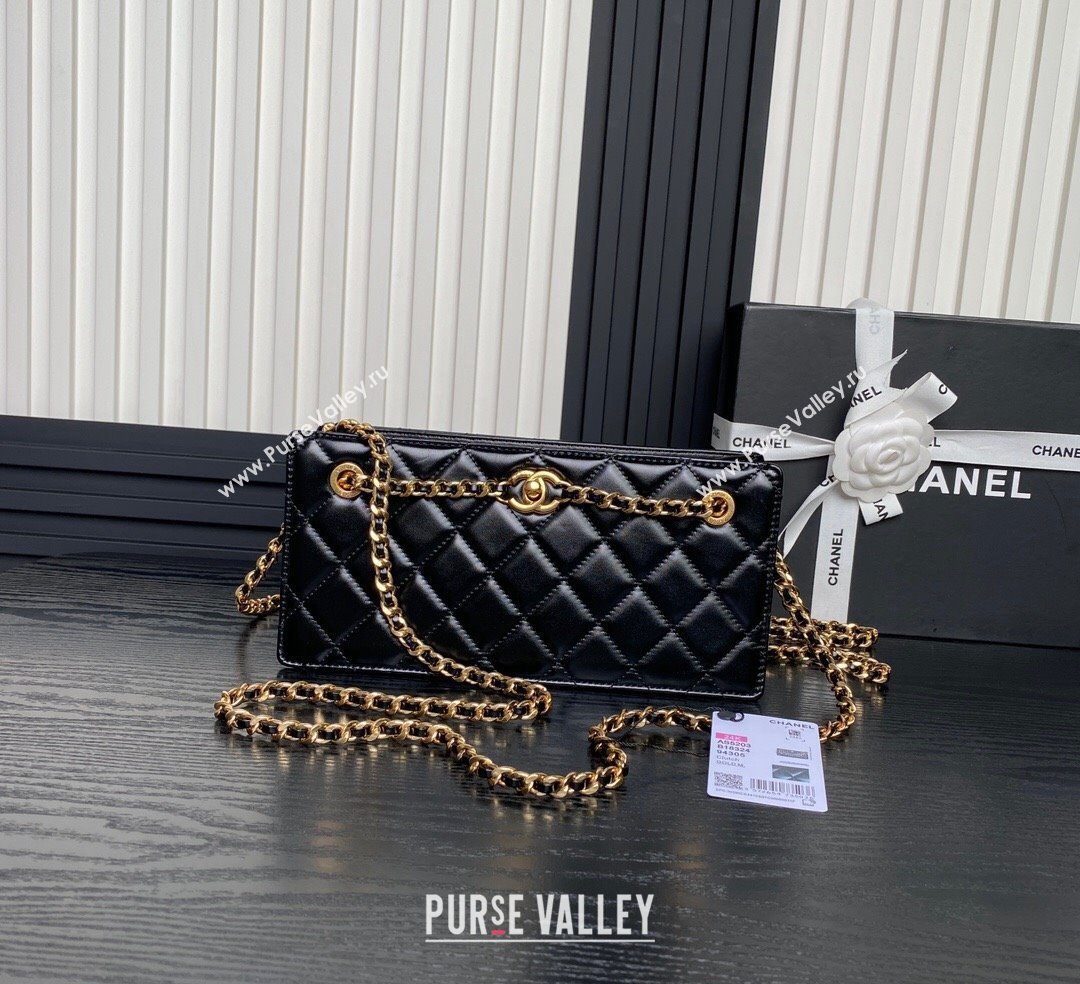 Chanel Shiny Lambskin Clutch with CC Stud Chain Black 2024 AS5203 (yezi-241107118)