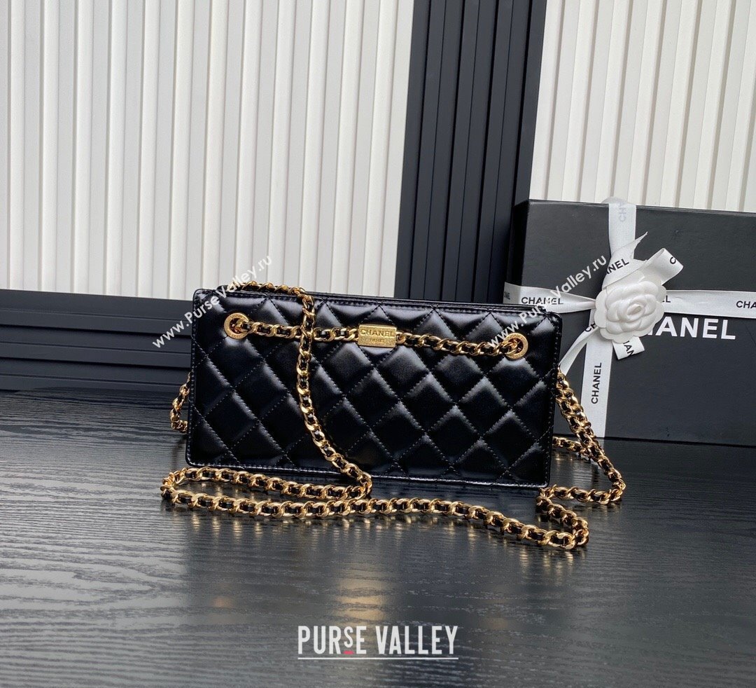 Chanel Shiny Lambskin Clutch with CC Stud Chain Black 2024 AS5203 (yezi-241107118)