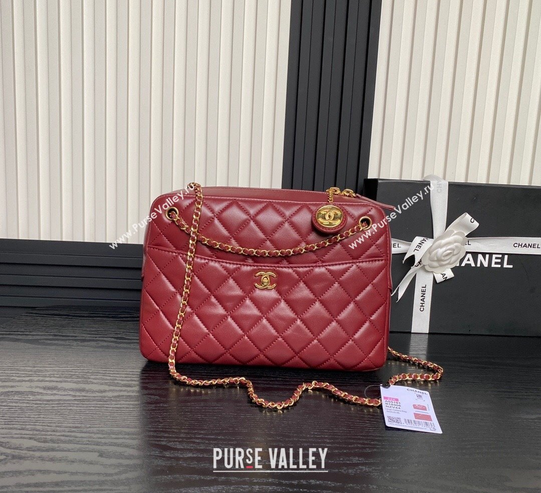 Chanel Shiny Lambskin Medium Camera Case bag Burgundy 2024 AS5187 (yezi-241107055)