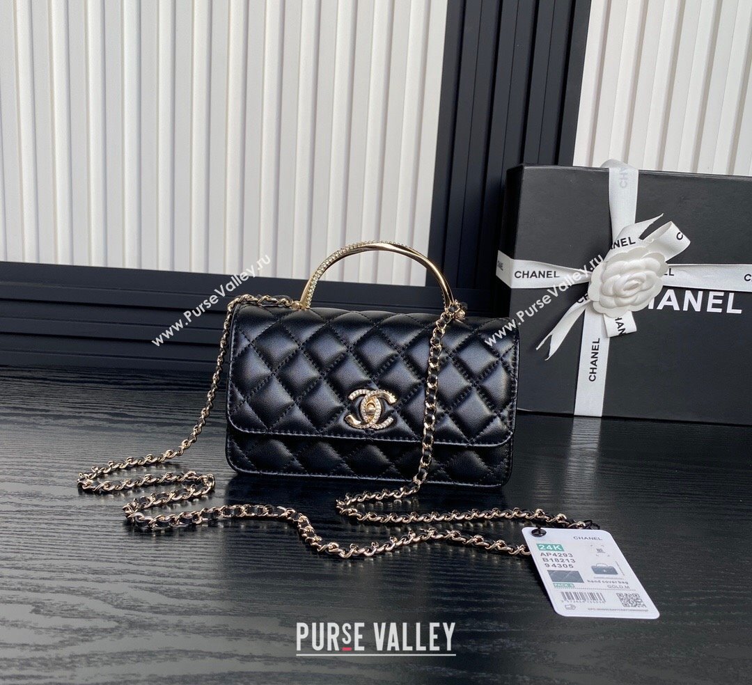 Chanel Lambskin Strass Clutch with Chain and Top Handle Black 2024 AP4293 (yezi-241107126)