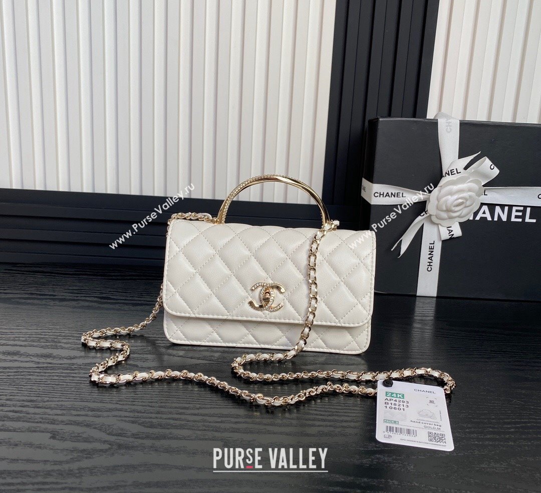 Chanel Lambskin Strass Clutch with Chain and Top Handle White 2024 AP4293 (yezi-241107127)