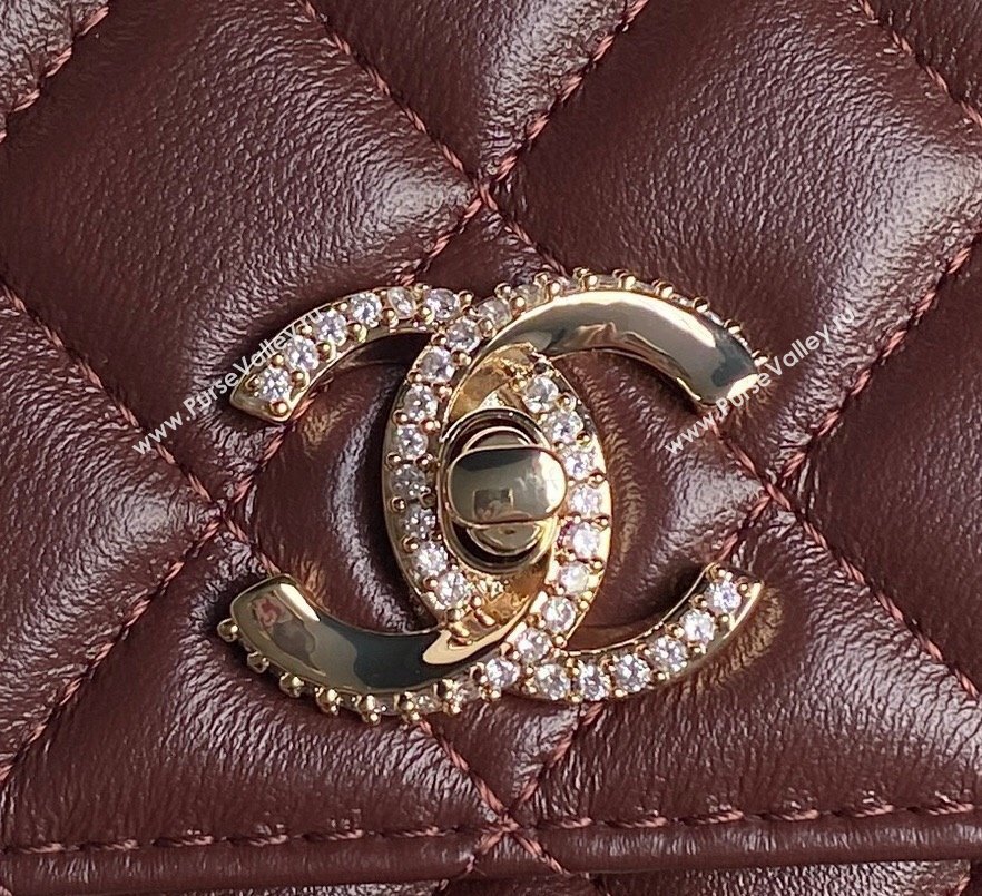 Chanel Lambskin Strass Clutch with Chain and Top Handle Dark Brown 2024 AP4293 (yezi-241107128)