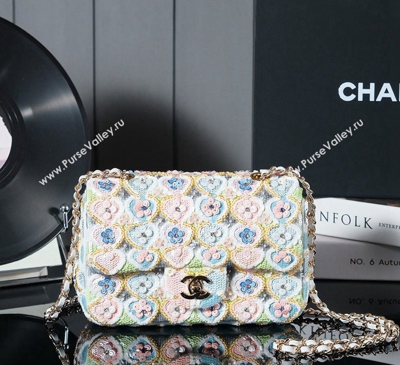 Chanel Embroidered Satin Sequins Classic Mini Flap Bag with Bloom A69900 White (yezi-241107103)