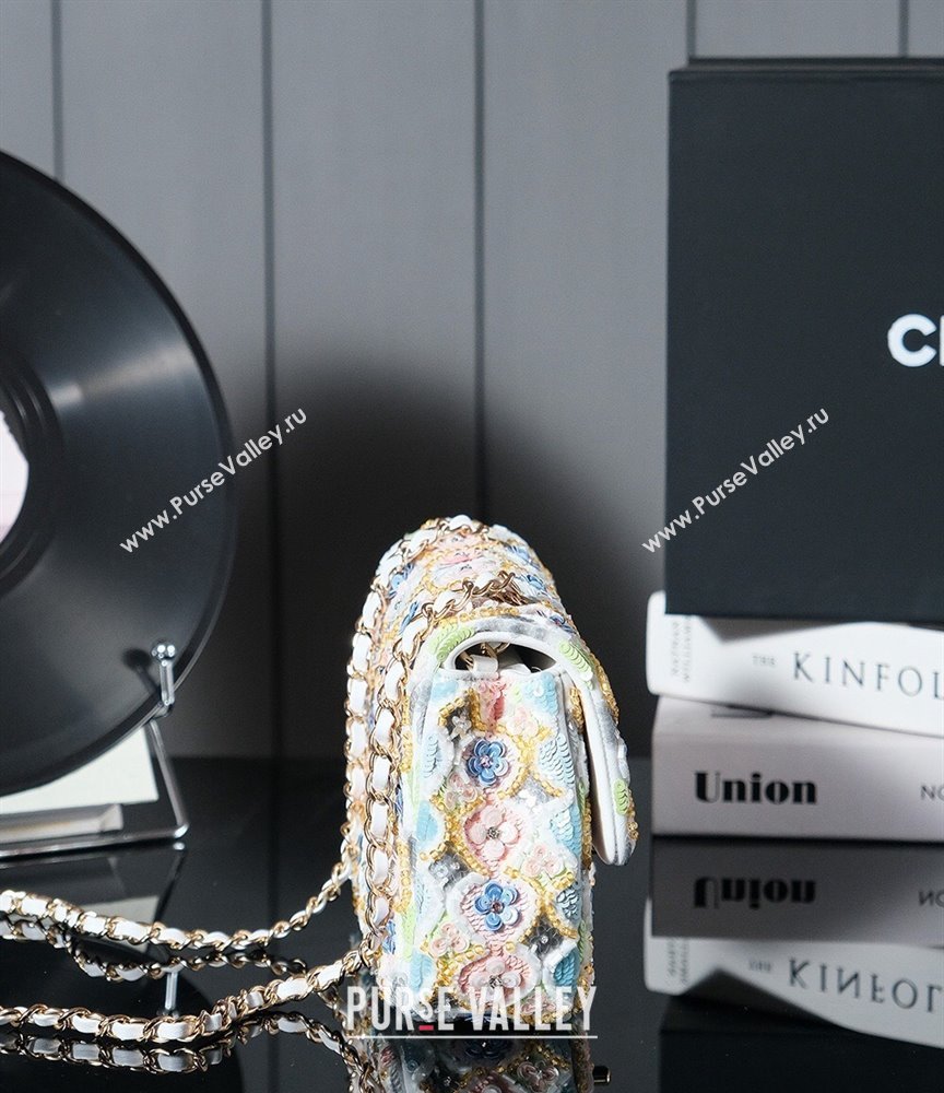 Chanel Embroidered Satin Sequins Classic Mini Flap Bag with Bloom A69900 White (yezi-241107103)