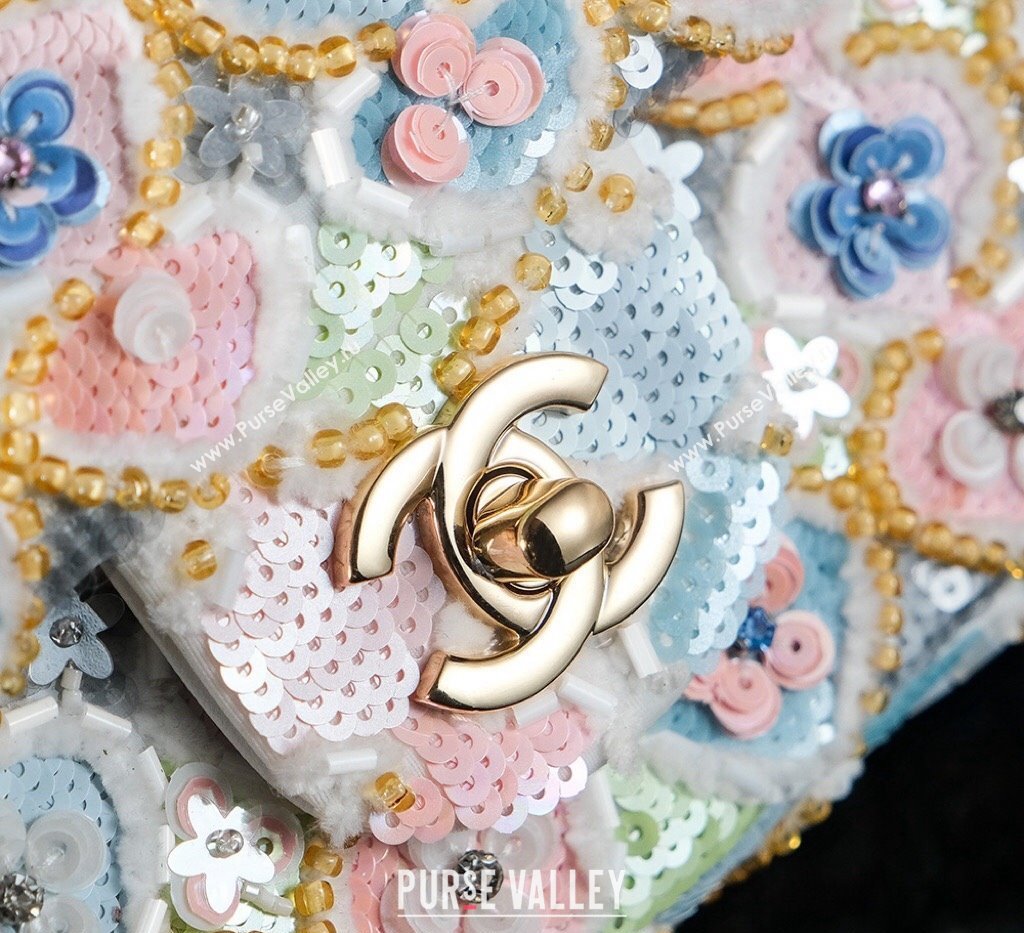 Chanel Embroidered Satin Sequins Classic Mini Flap Bag with Bloom A69900 White (yezi-241107103)