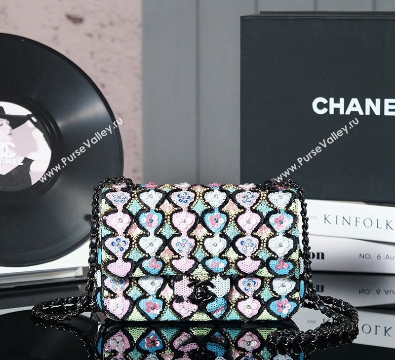 Chanel Embroidered Satin Sequins Classic Mini Flap Bag with Bloom A69900 Black (yezi-241107104)