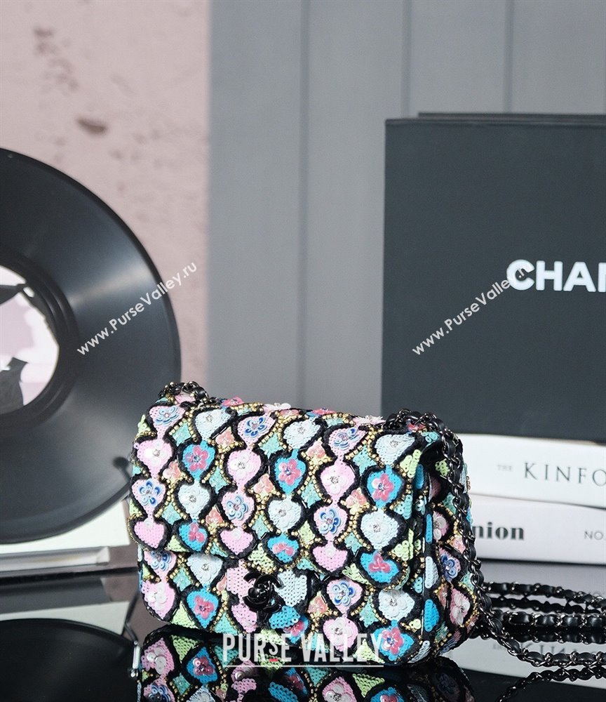 Chanel Embroidered Satin Sequins Classic Mini Flap Bag with Bloom A69900 Black (yezi-241107104)