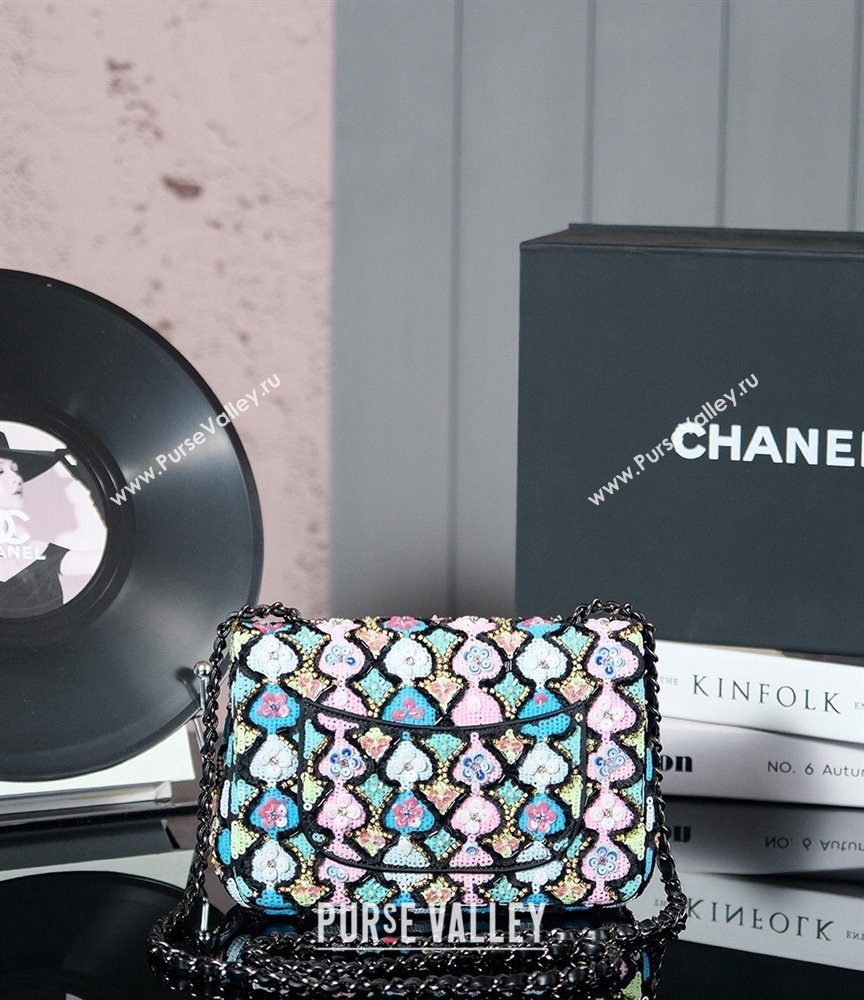 Chanel Embroidered Satin Sequins Classic Mini Flap Bag with Bloom A69900 Black (yezi-241107104)