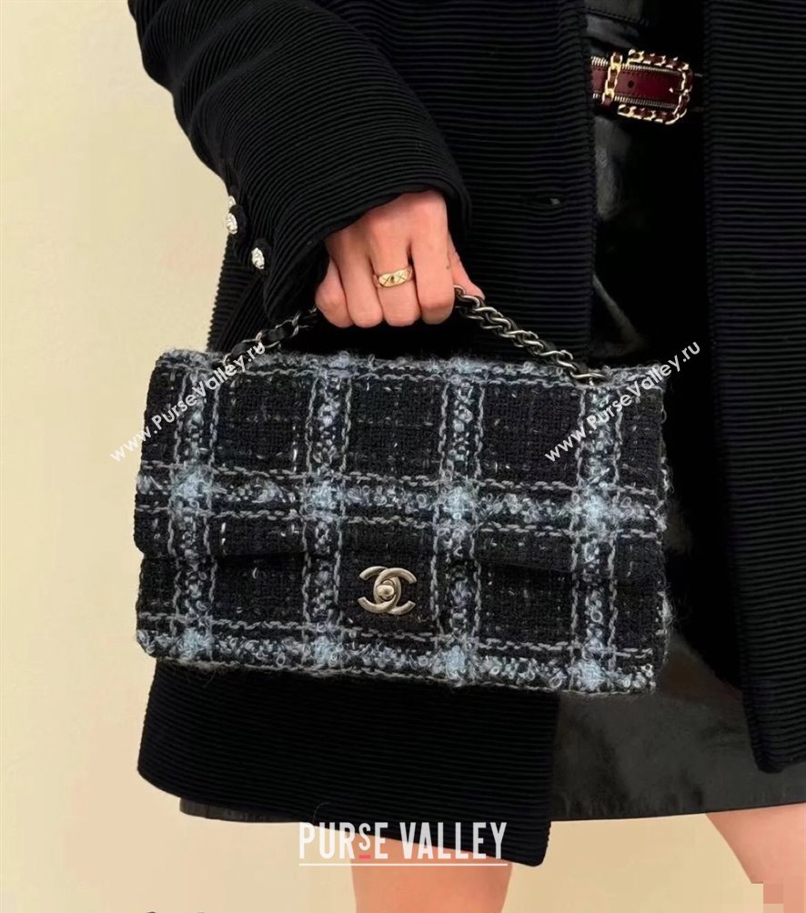 Chanel Wool Tweed Classic 11.12 Medium Flap Bag A01112 Black/Blue 2024 1107 (yezi-241107107)