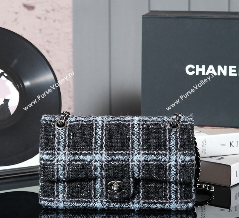 Chanel Wool Tweed Classic 11.12 Medium Flap Bag A01112 Black/Blue 2024 1107 (yezi-241107107)