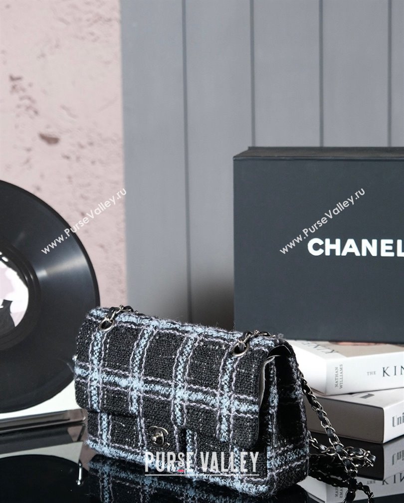 Chanel Wool Tweed Classic 11.12 Medium Flap Bag A01112 Black/Blue 2024 1107 (yezi-241107107)