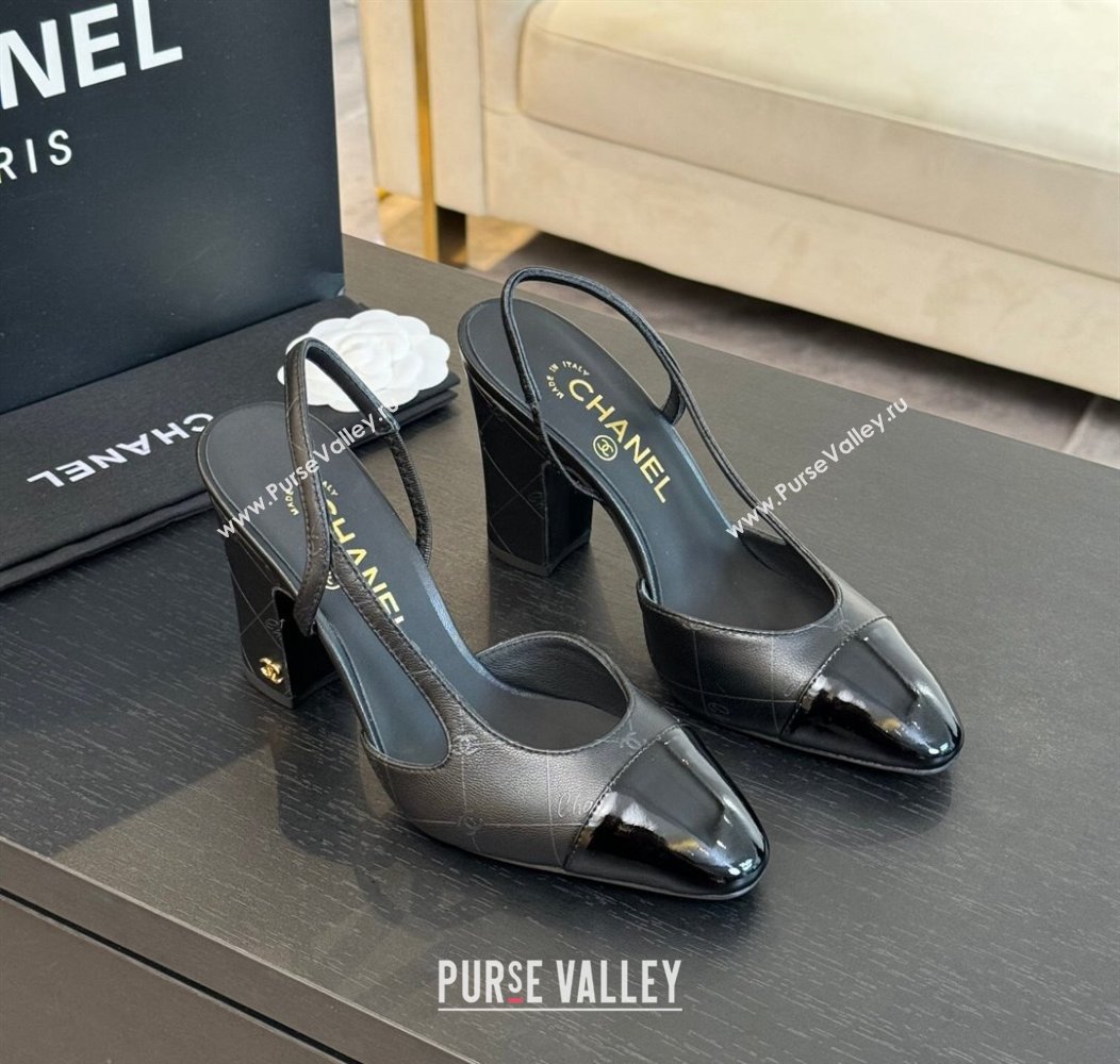 Chanel Printed Quilted Lambskin Patent Calfskin Slingbacks Pumps 9.5cm Black 2024 G45509 (KL-241121071)