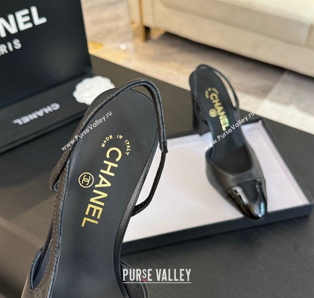 Chanel Printed Quilted Lambskin Patent Calfskin Slingbacks Pumps 9.5cm Black 2024 G45509 (KL-241121071)