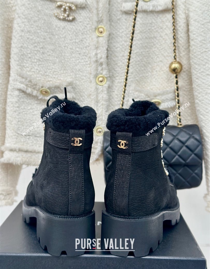 Chanel Calfskin Wool Laced-up Ankle Boots Black 2024 CH112011 (KL-241120143)