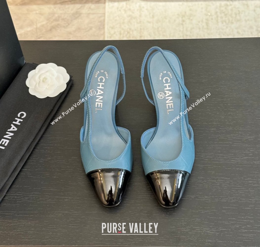 Chanel Printed Quilted Lambskin Patent Calfskin Slingbacks Pumps 9.5cm Blue 2024 G45509 (KL-241121073)