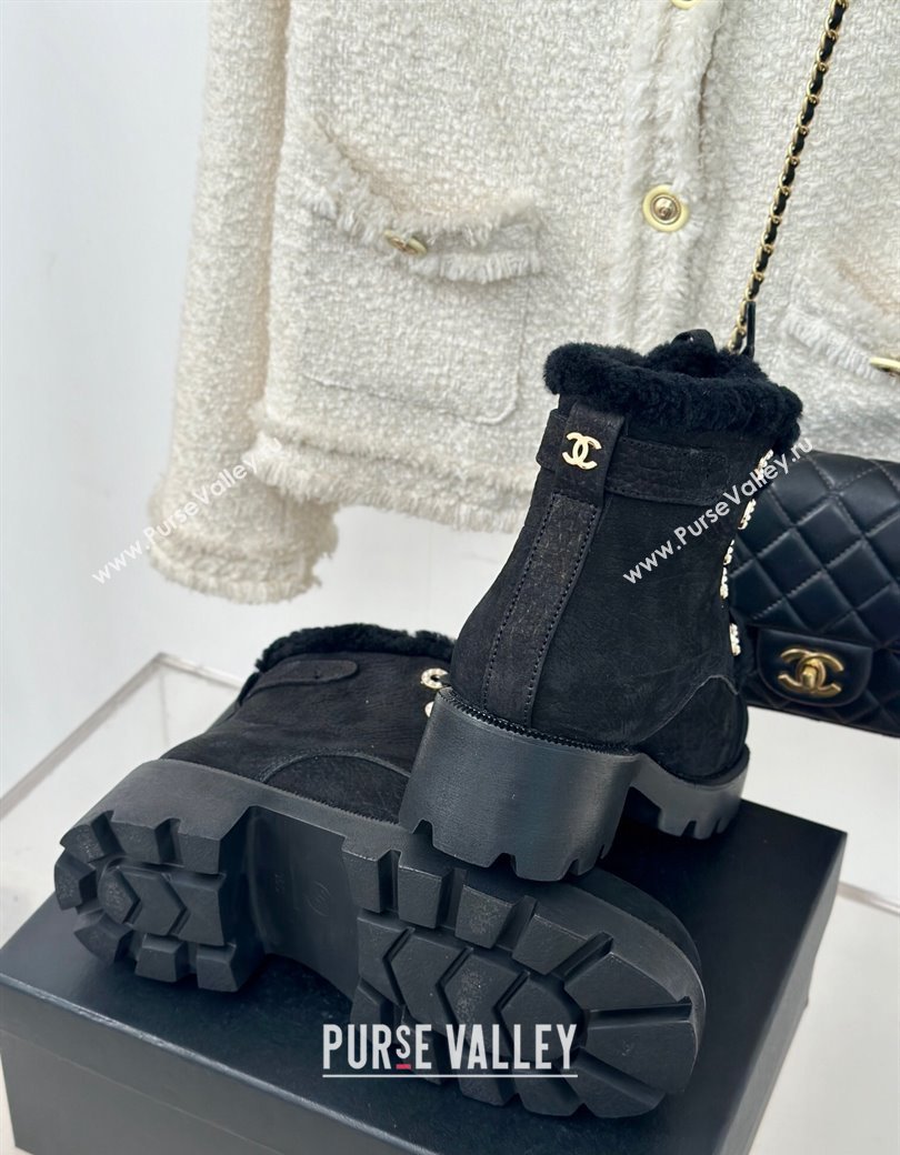 Chanel Calfskin Wool Laced-up Ankle Boots Black 2024 CH112011 (KL-241120143)