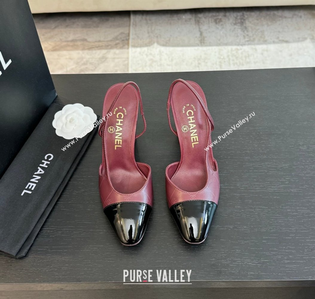 Chanel Printed Quilted Lambskin Patent Calfskin Slingbacks Pumps 9.5cm Burgundy 2024 G45509 (KL-241121074)