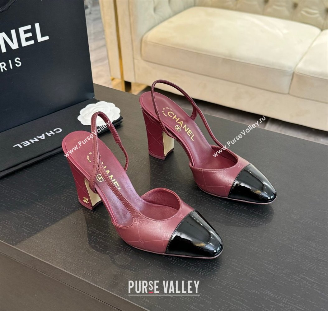 Chanel Printed Quilted Lambskin Patent Calfskin Slingbacks Pumps 9.5cm Burgundy 2024 G45509 (KL-241121074)