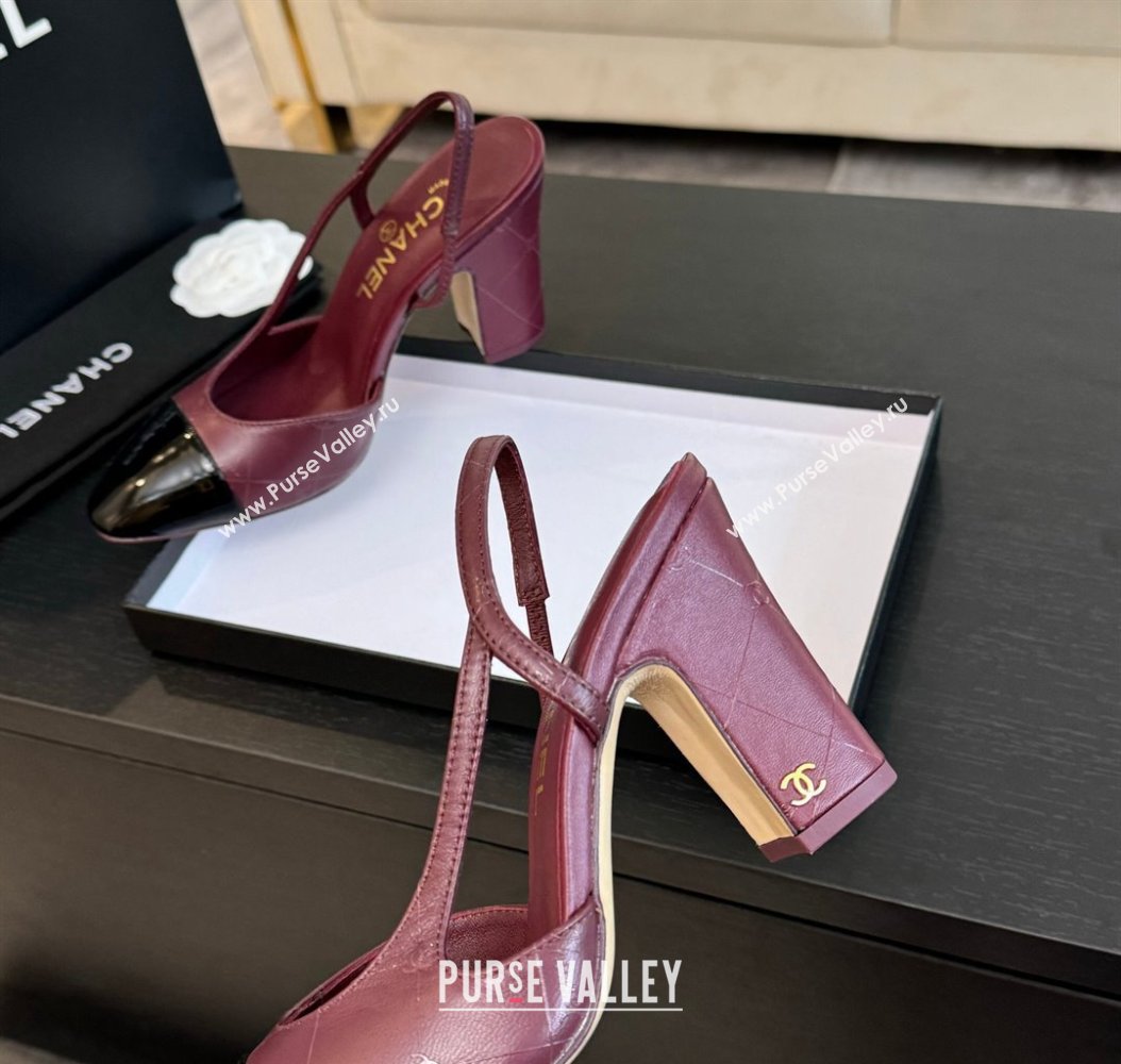 Chanel Printed Quilted Lambskin Patent Calfskin Slingbacks Pumps 9.5cm Burgundy 2024 G45509 (KL-241121074)