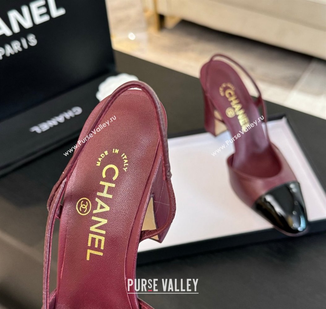 Chanel Printed Quilted Lambskin Patent Calfskin Slingbacks Pumps 9.5cm Burgundy 2024 G45509 (KL-241121074)