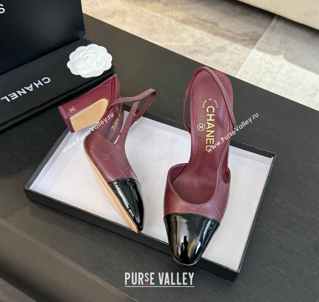 Chanel Printed Quilted Lambskin Patent Calfskin Slingbacks Pumps 9.5cm Burgundy 2024 G45509 (KL-241121074)