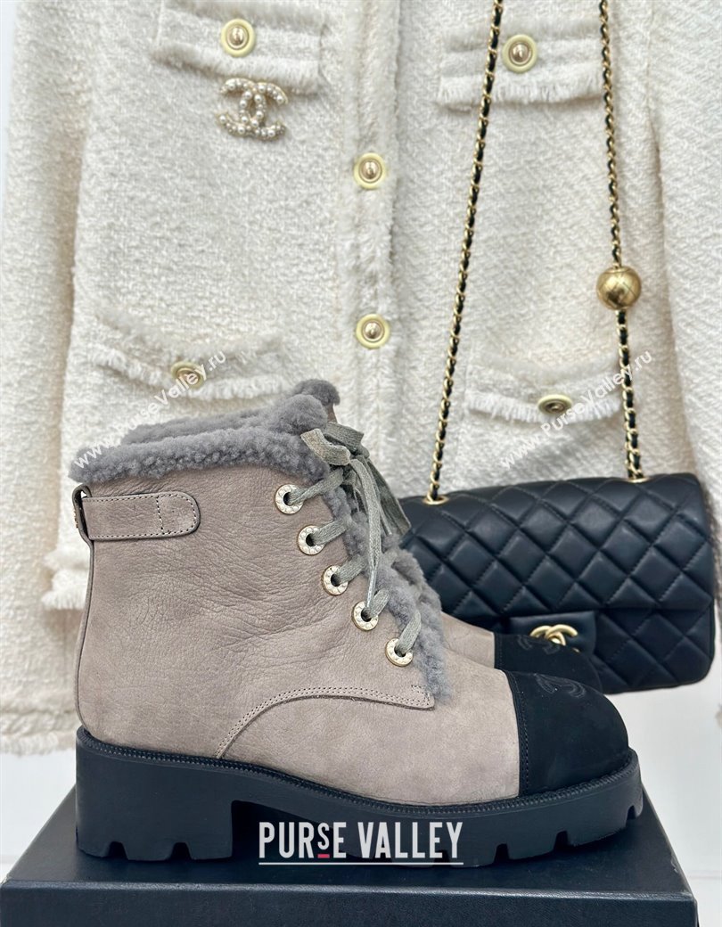 Chanel Calfskin Wool Laced-up Ankle Boots Grey 2024 CH112011 (KL-241120144)