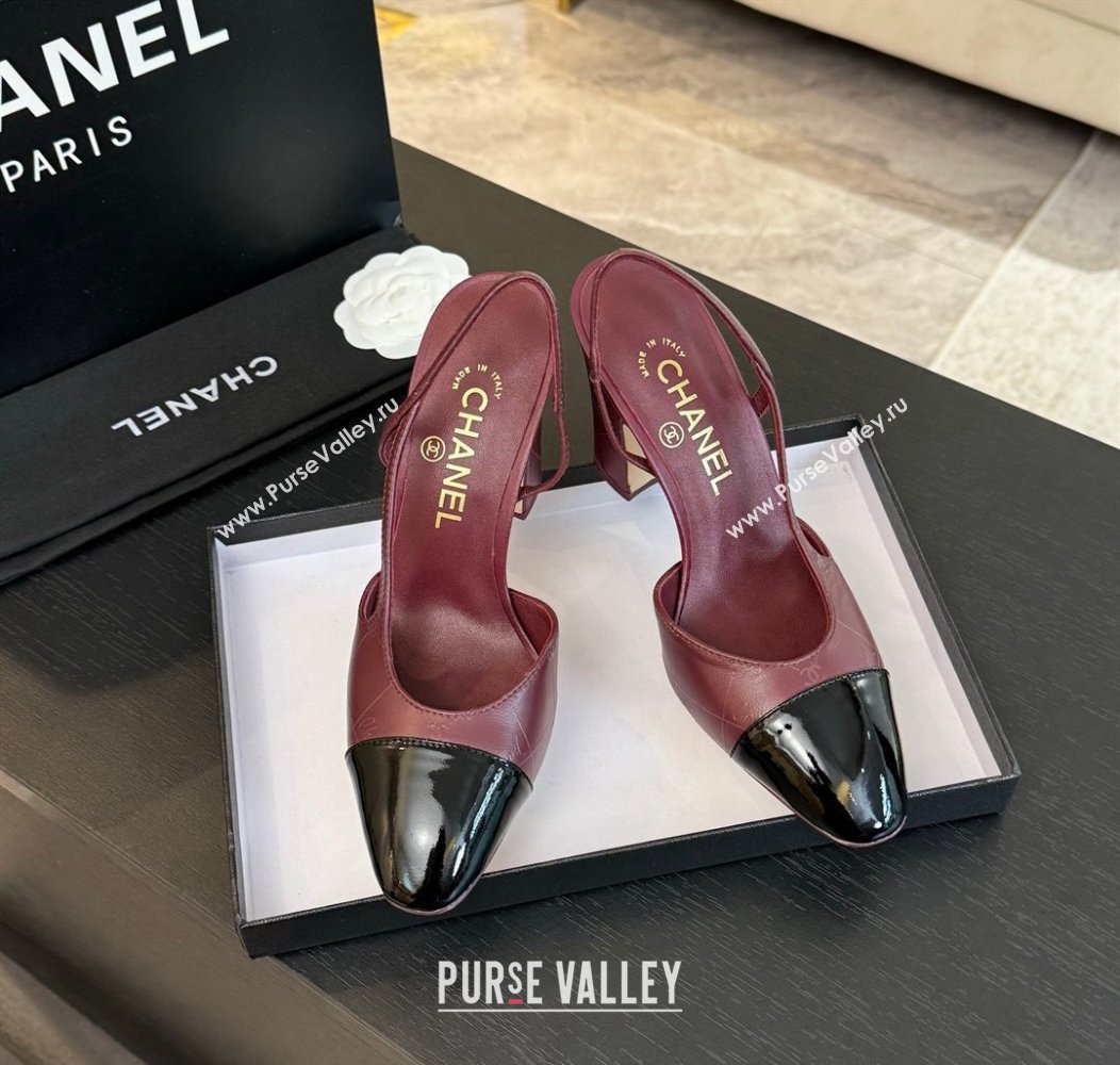 Chanel Printed Quilted Lambskin Patent Calfskin Slingbacks Pumps 9.5cm Burgundy 2024 G45509 (KL-241121074)