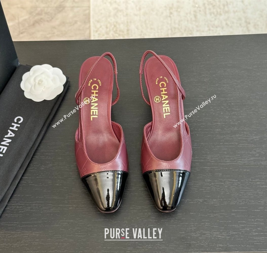 Chanel Printed Quilted Lambskin Patent Calfskin Slingbacks Pumps 6.5cm Burgundy 2024 G31318 (KL-241121075)