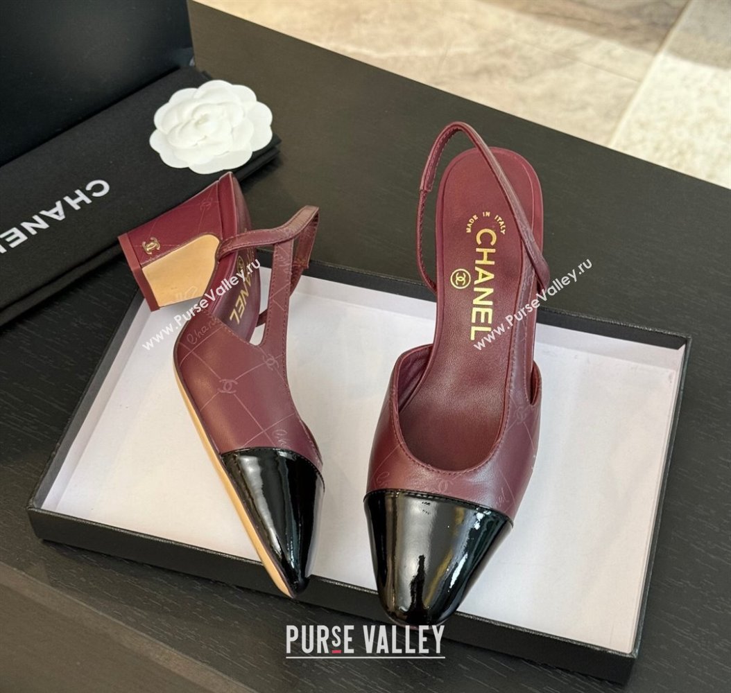 Chanel Printed Quilted Lambskin Patent Calfskin Slingbacks Pumps 6.5cm Burgundy 2024 G31318 (KL-241121075)