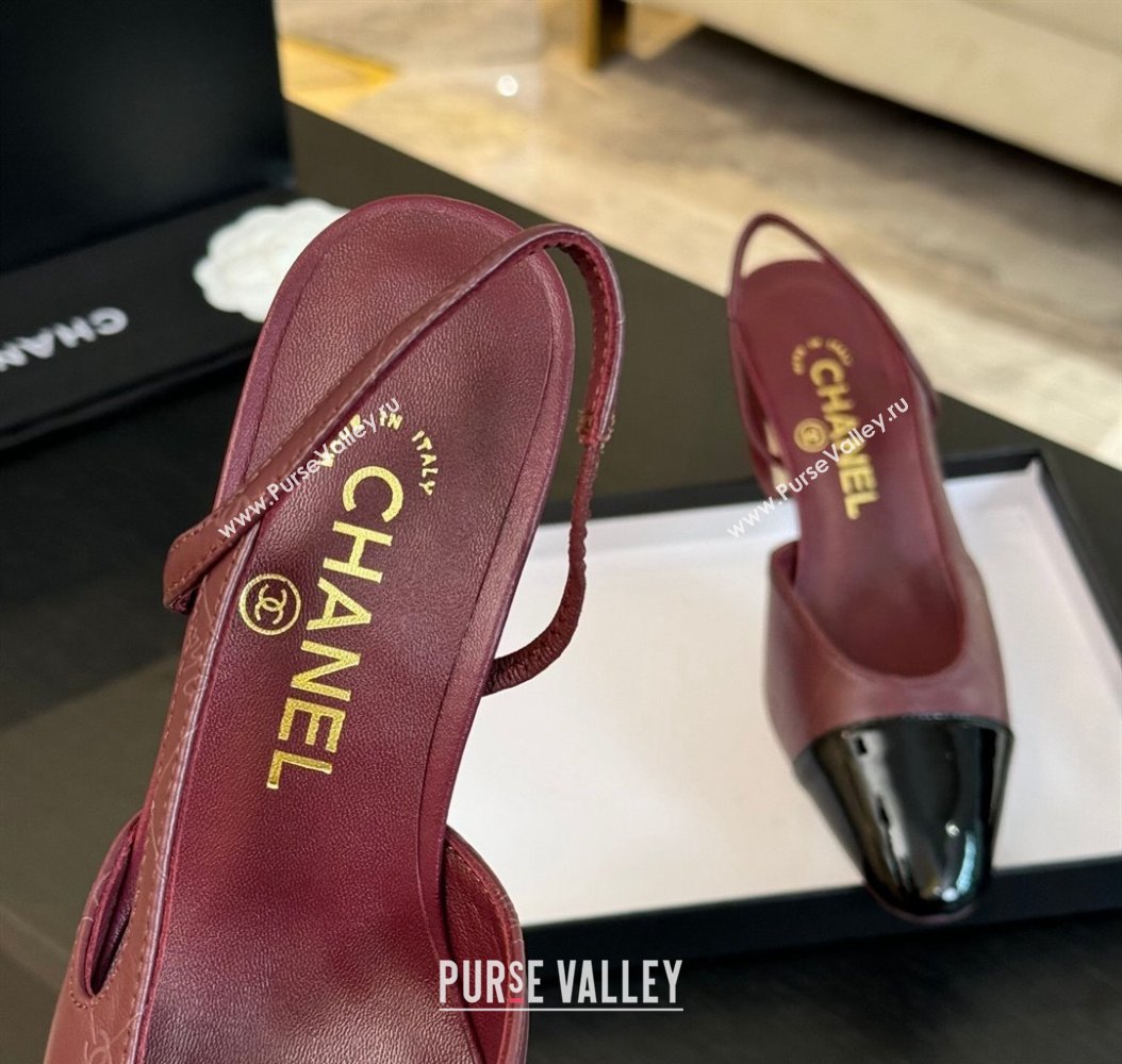 Chanel Printed Quilted Lambskin Patent Calfskin Slingbacks Pumps 6.5cm Burgundy 2024 G31318 (KL-241121075)