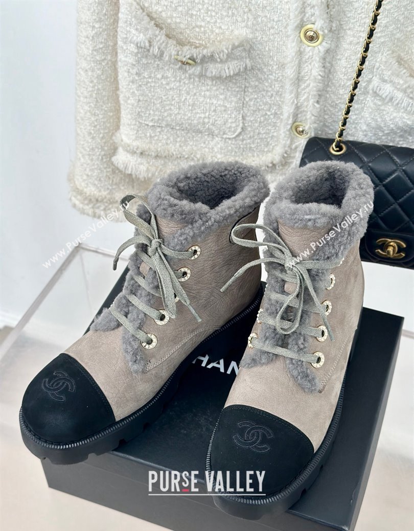 Chanel Calfskin Wool Laced-up Ankle Boots Grey 2024 CH112011 (KL-241120144)