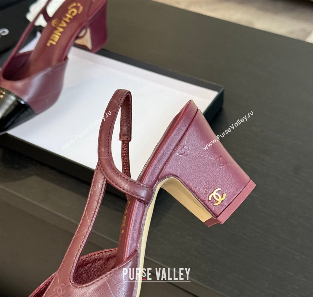 Chanel Printed Quilted Lambskin Patent Calfskin Slingbacks Pumps 6.5cm Burgundy 2024 G31318 (KL-241121075)