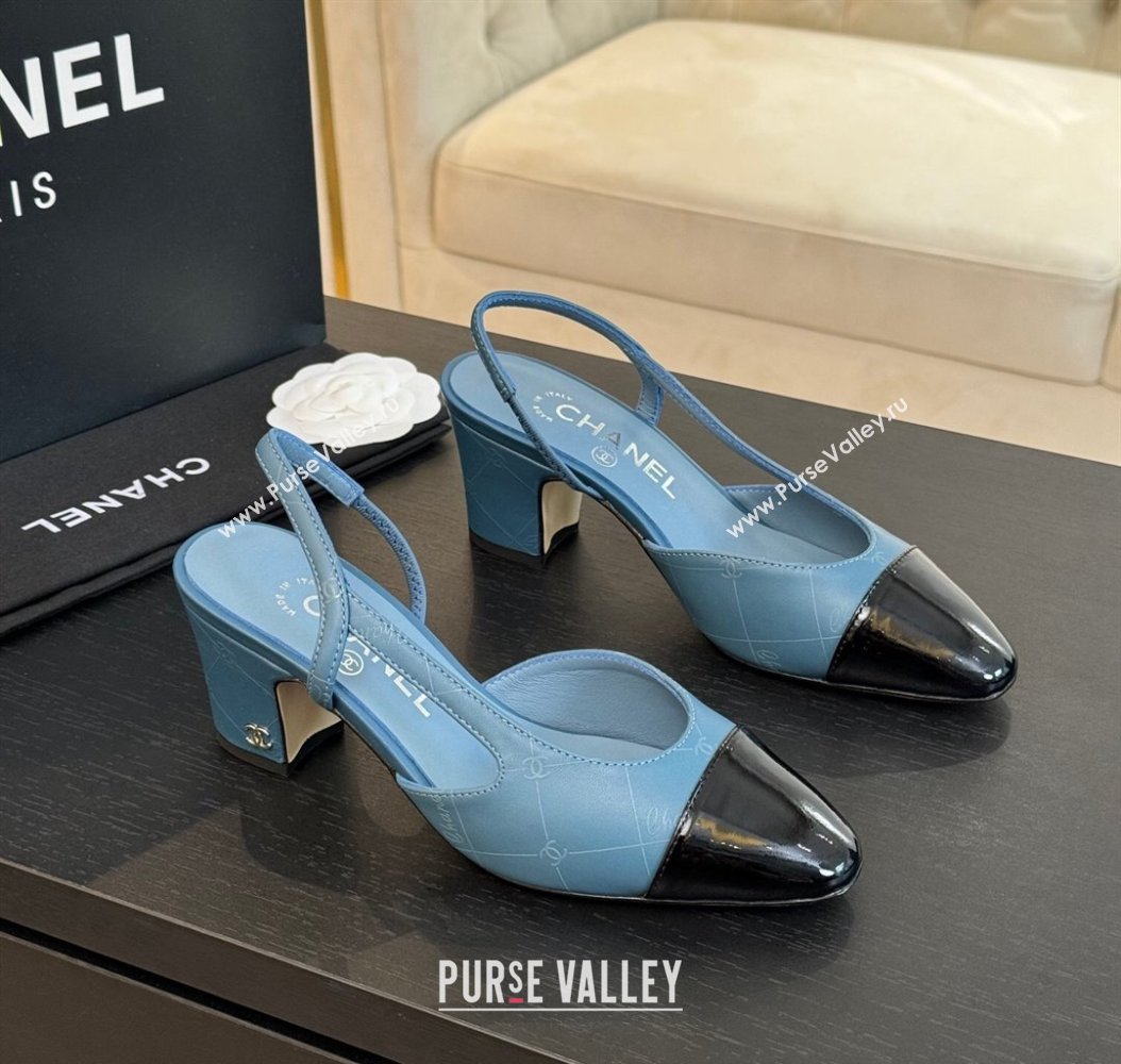 Chanel Printed Quilted Lambskin Patent Calfskin Slingbacks Pumps 6.5cm Blue 2024 G31318 (KL-241121076)