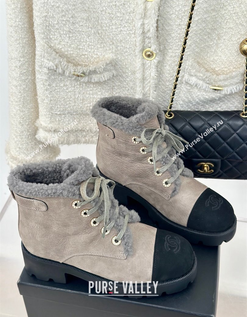 Chanel Calfskin Wool Laced-up Ankle Boots Grey 2024 CH112011 (KL-241120144)