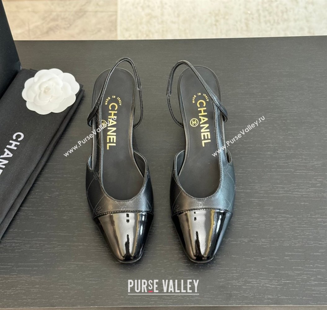 Chanel Printed Quilted Lambskin Patent Calfskin Slingbacks Pumps 6.5cm Black 2024 G31318 (KL-241121078)