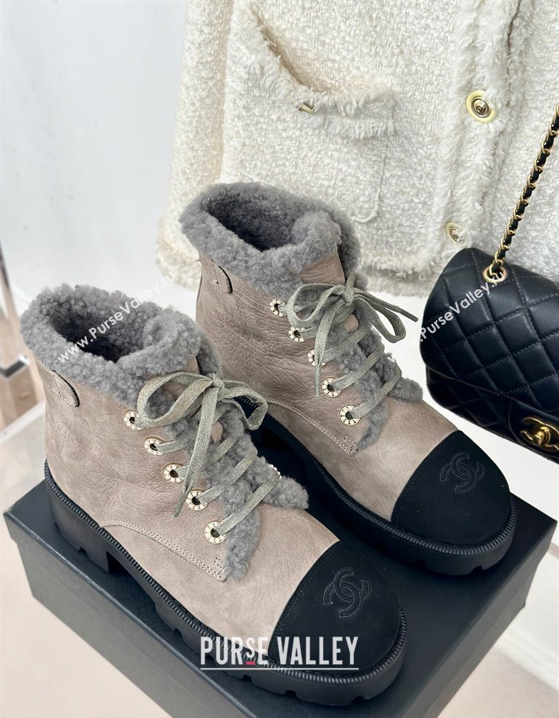 Chanel Calfskin Wool Laced-up Ankle Boots Grey 2024 CH112011 (KL-241120144)