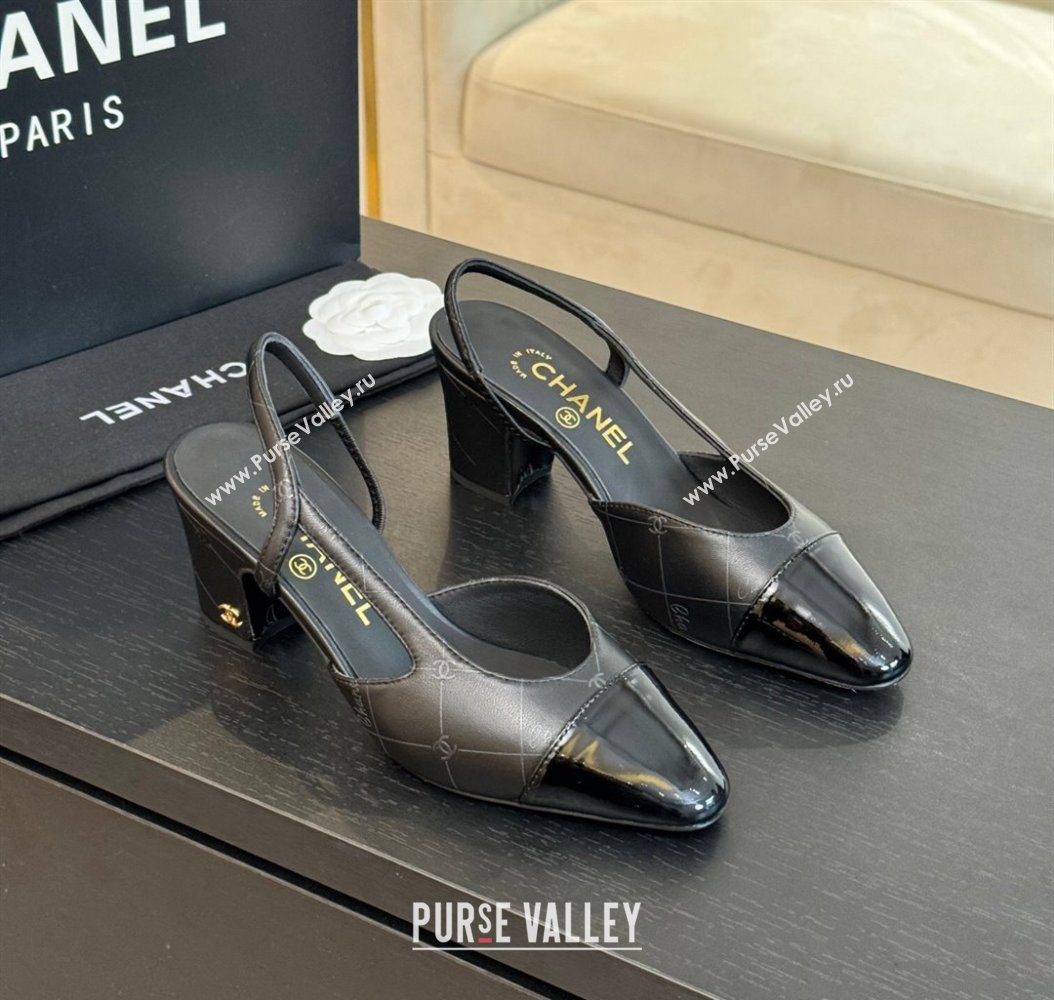 Chanel Printed Quilted Lambskin Patent Calfskin Slingbacks Pumps 6.5cm Black 2024 G31318 (KL-241121078)