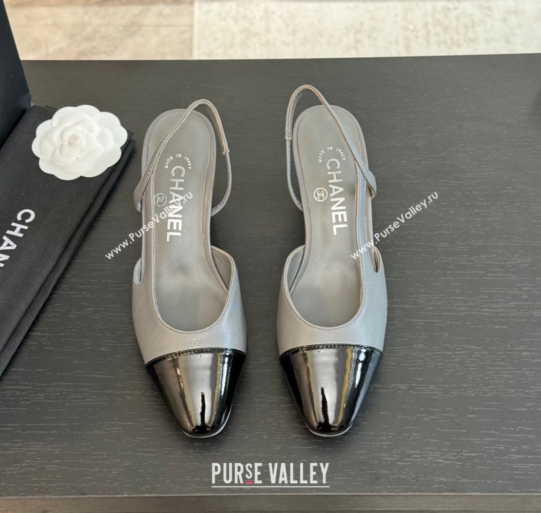 Chanel Printed Quilted Lambskin Patent Calfskin Slingbacks Pumps 6.5cm Grey 2024 G31318 (KL-241121079)