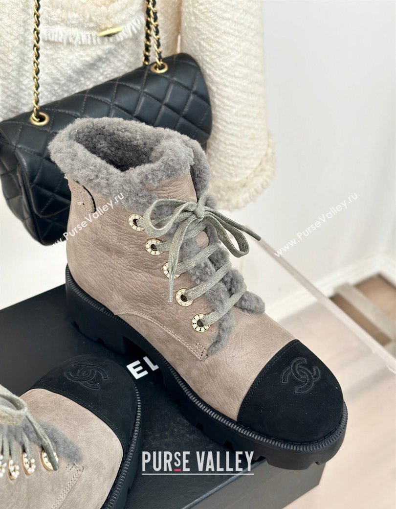 Chanel Calfskin Wool Laced-up Ankle Boots Grey 2024 CH112011 (KL-241120144)