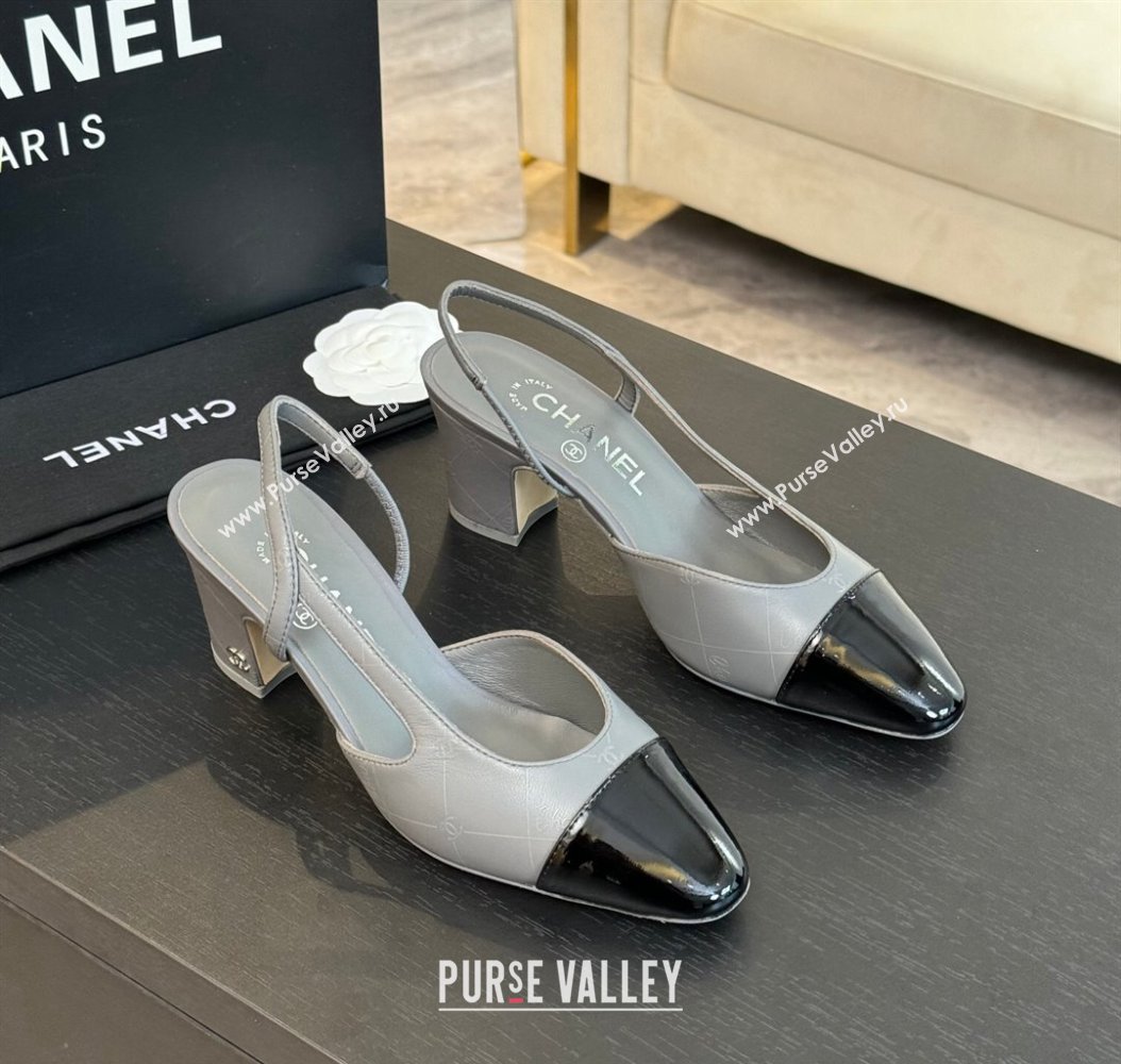 Chanel Printed Quilted Lambskin Patent Calfskin Slingbacks Pumps 6.5cm Grey 2024 G31318 (KL-241121079)