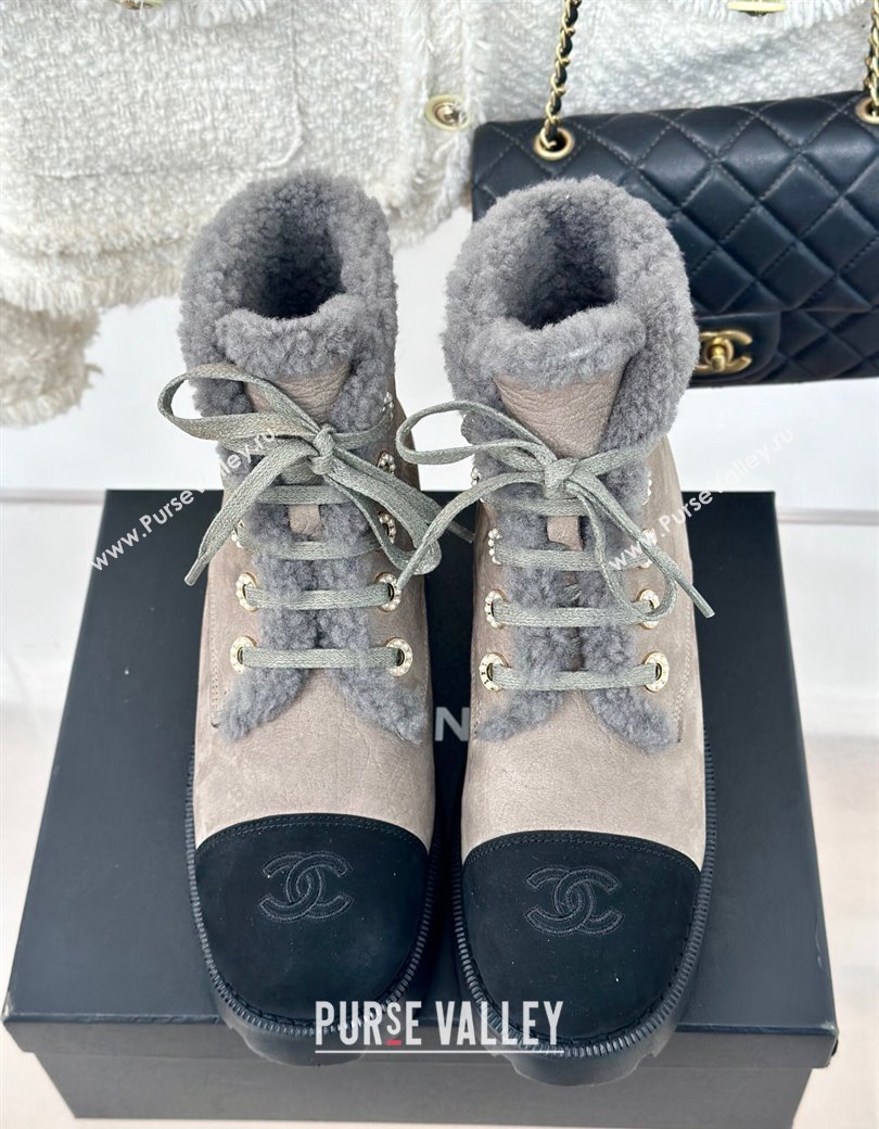 Chanel Calfskin Wool Laced-up Ankle Boots Grey 2024 CH112011 (KL-241120144)