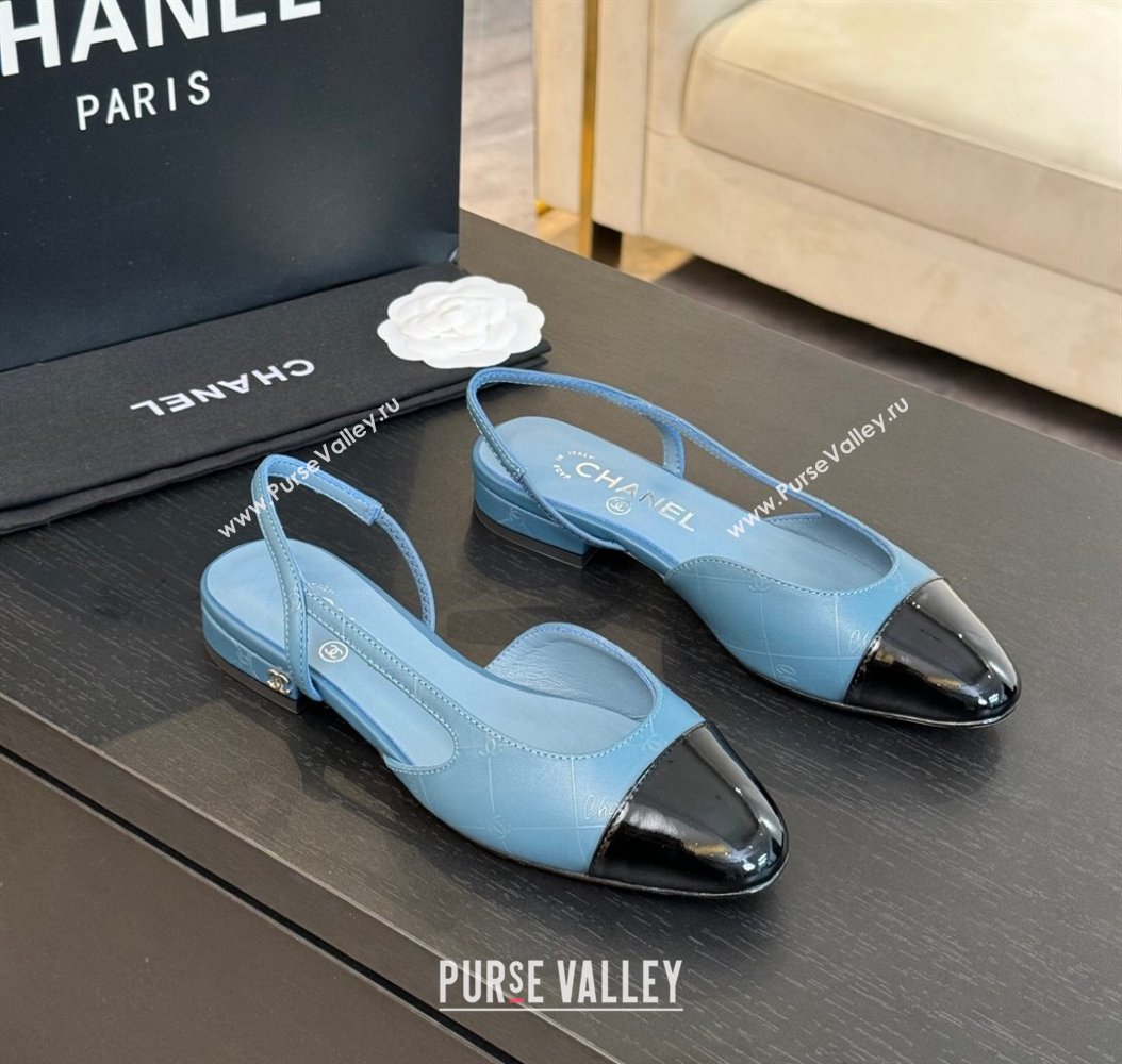 Chanel Printed Quilted Lambskin Patent Calfskin Slingbacks Flat Blue 2024 G31319 (KL-241121082)