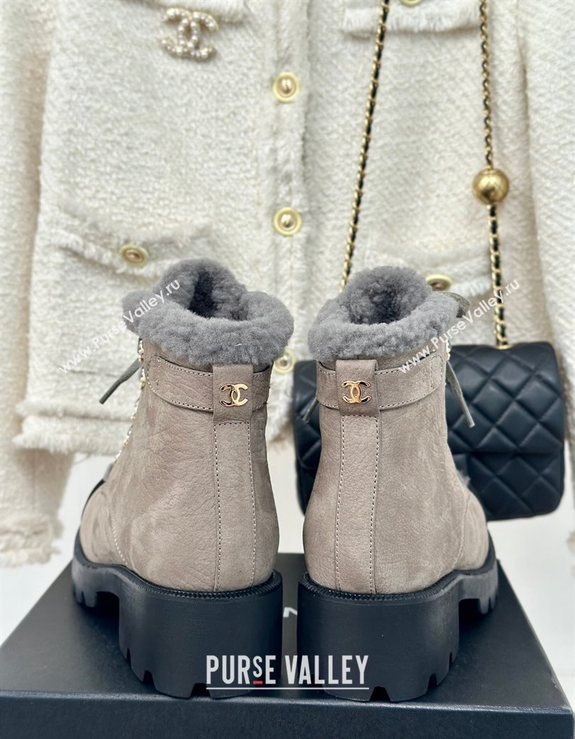 Chanel Calfskin Wool Laced-up Ankle Boots Grey 2024 CH112011 (KL-241120144)